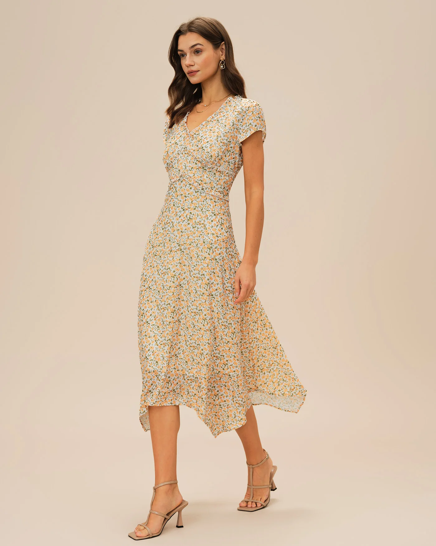 Yellow V Neck Floral Midi Dress - Image 4