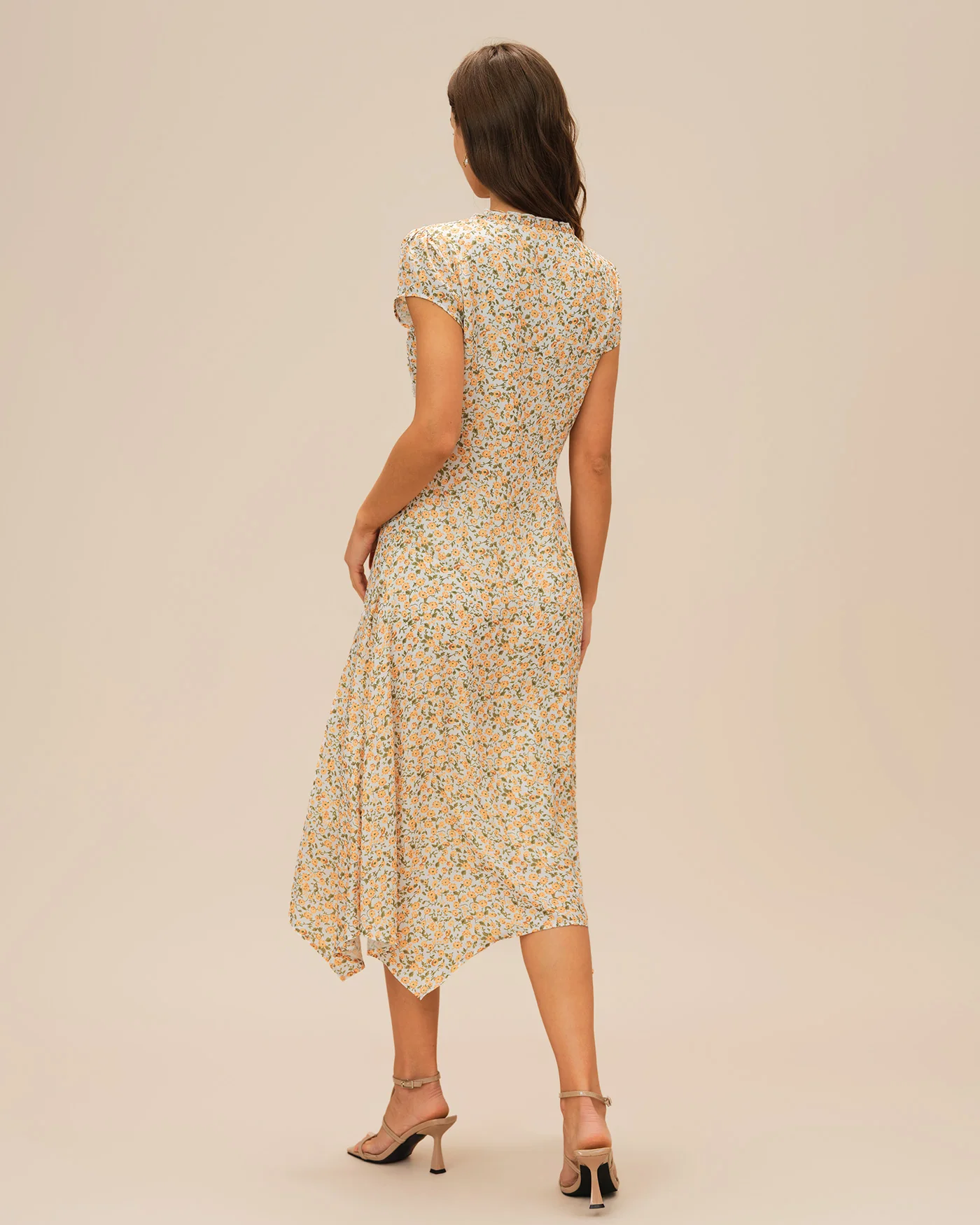 Yellow V Neck Floral Midi Dress - Image 5