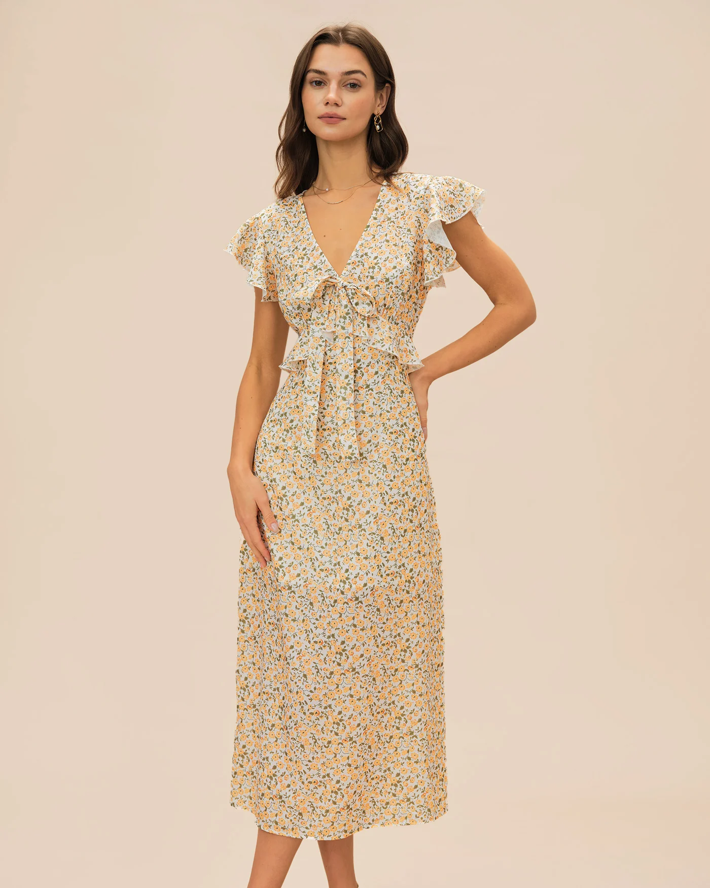 Yellow V Neck Floral Ruffle Midi Dress - Image 2