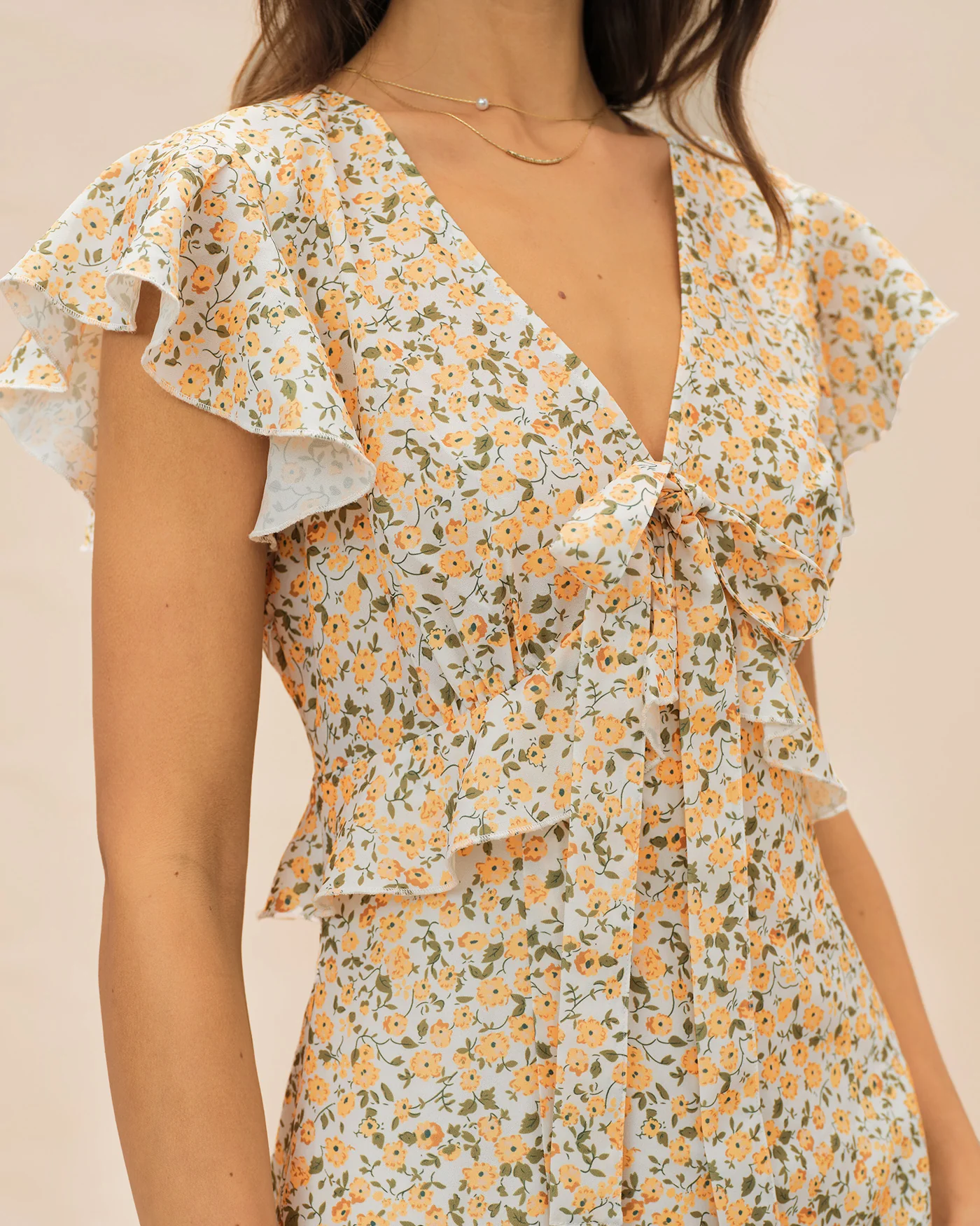 Yellow V Neck Floral Ruffle Midi Dress - Image 3