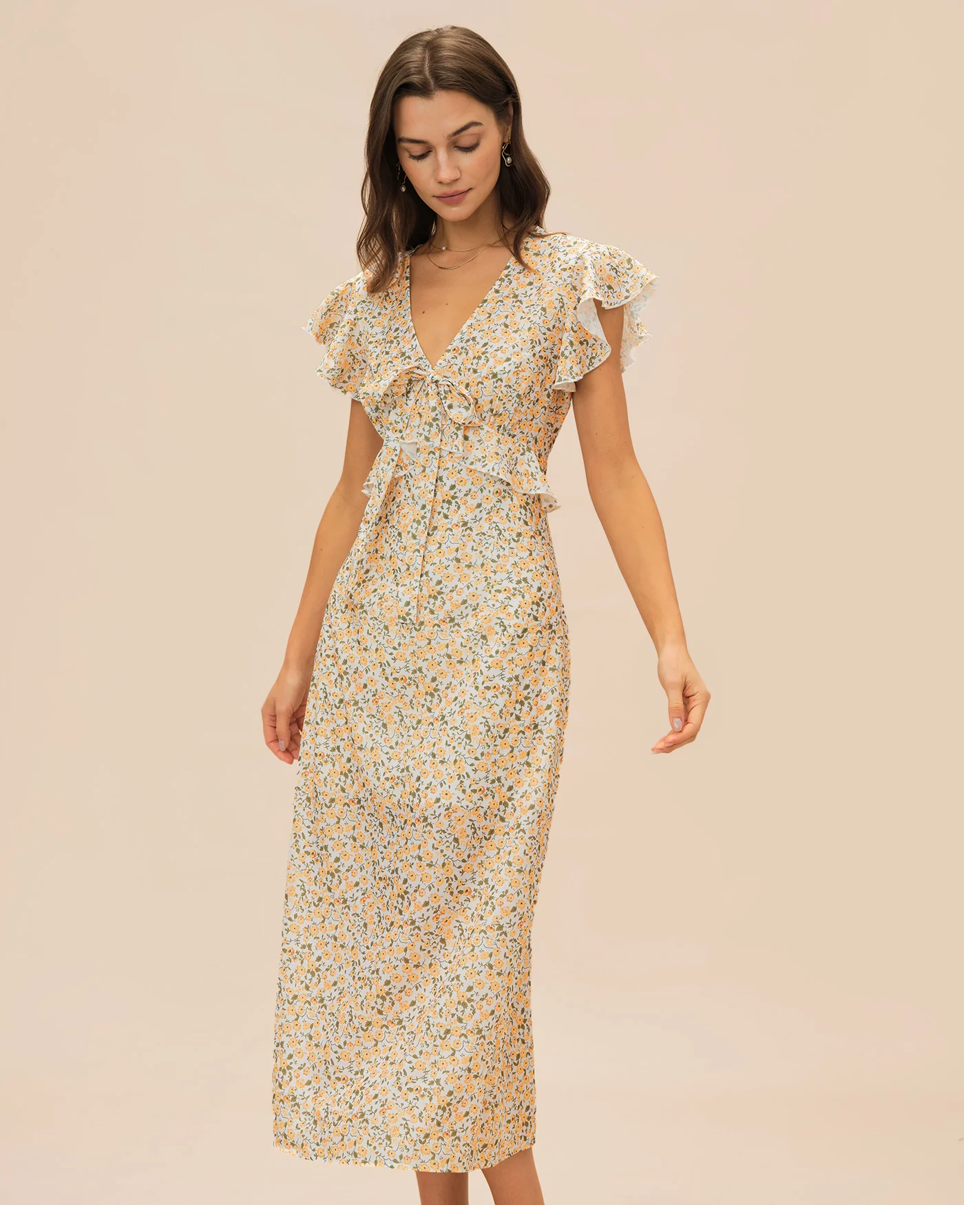 Yellow V Neck Floral Ruffle Midi Dress - Image 4