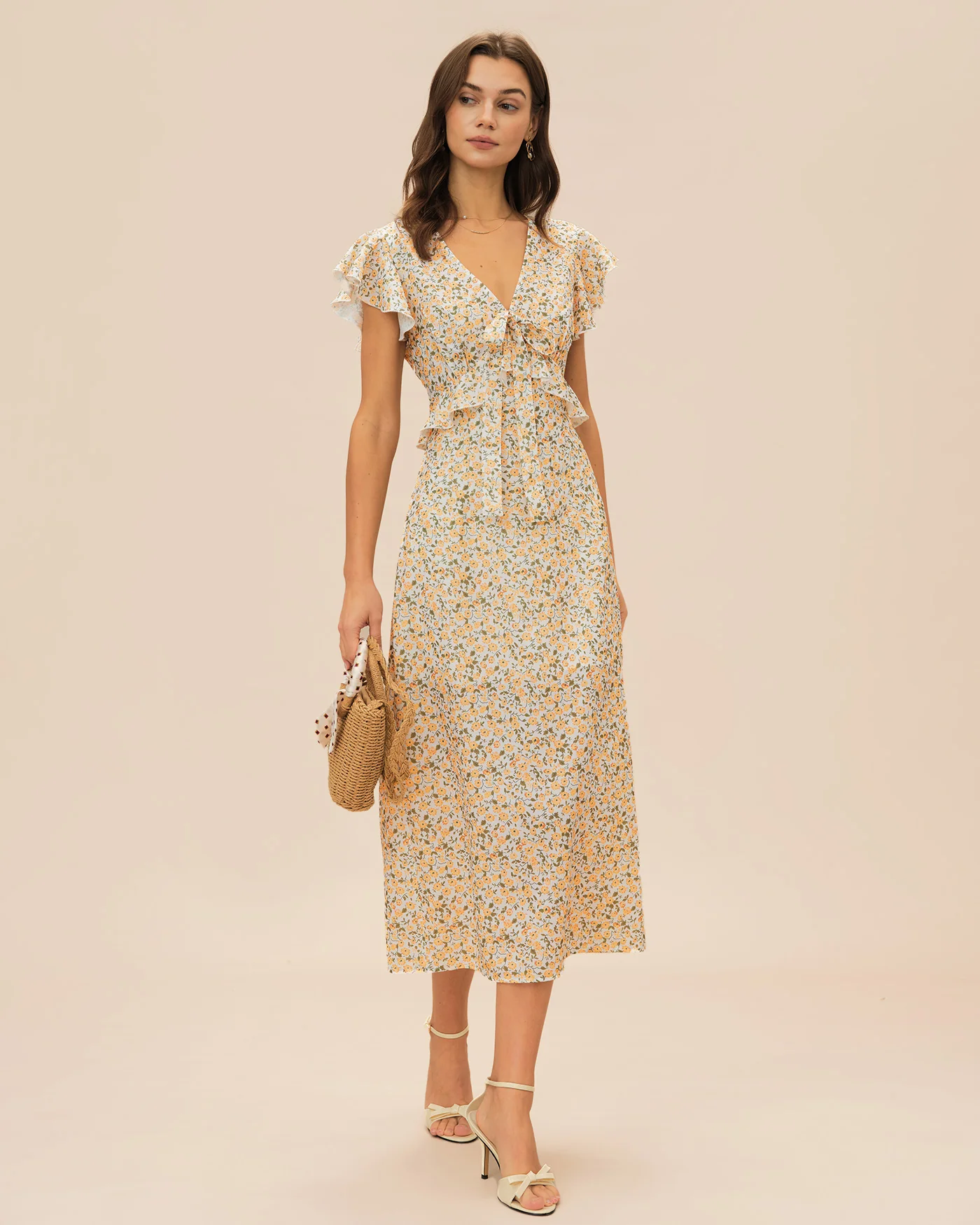 Yellow V Neck Floral Ruffle Midi Dress - Image 5