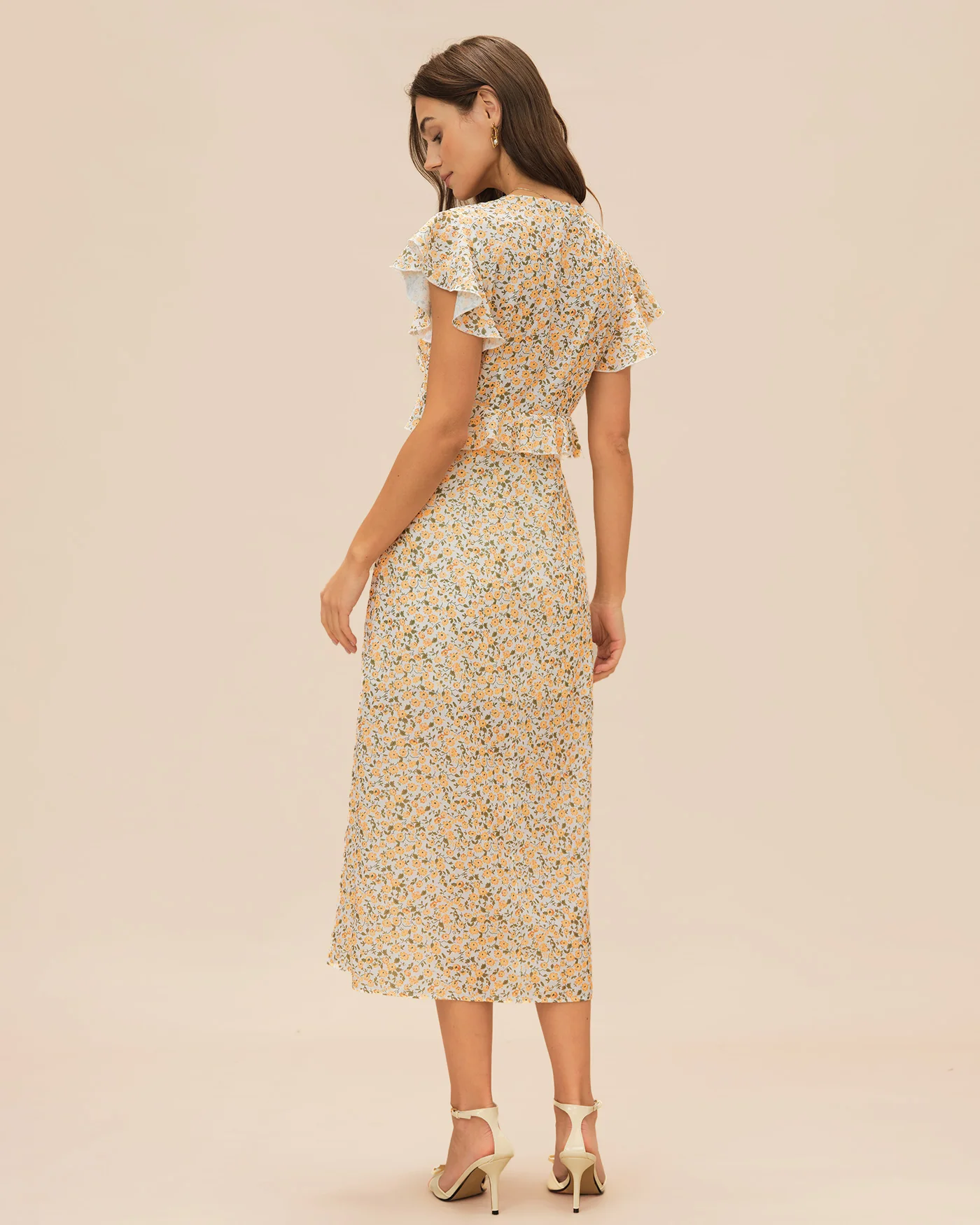 Yellow V Neck Floral Ruffle Midi Dress - Image 6
