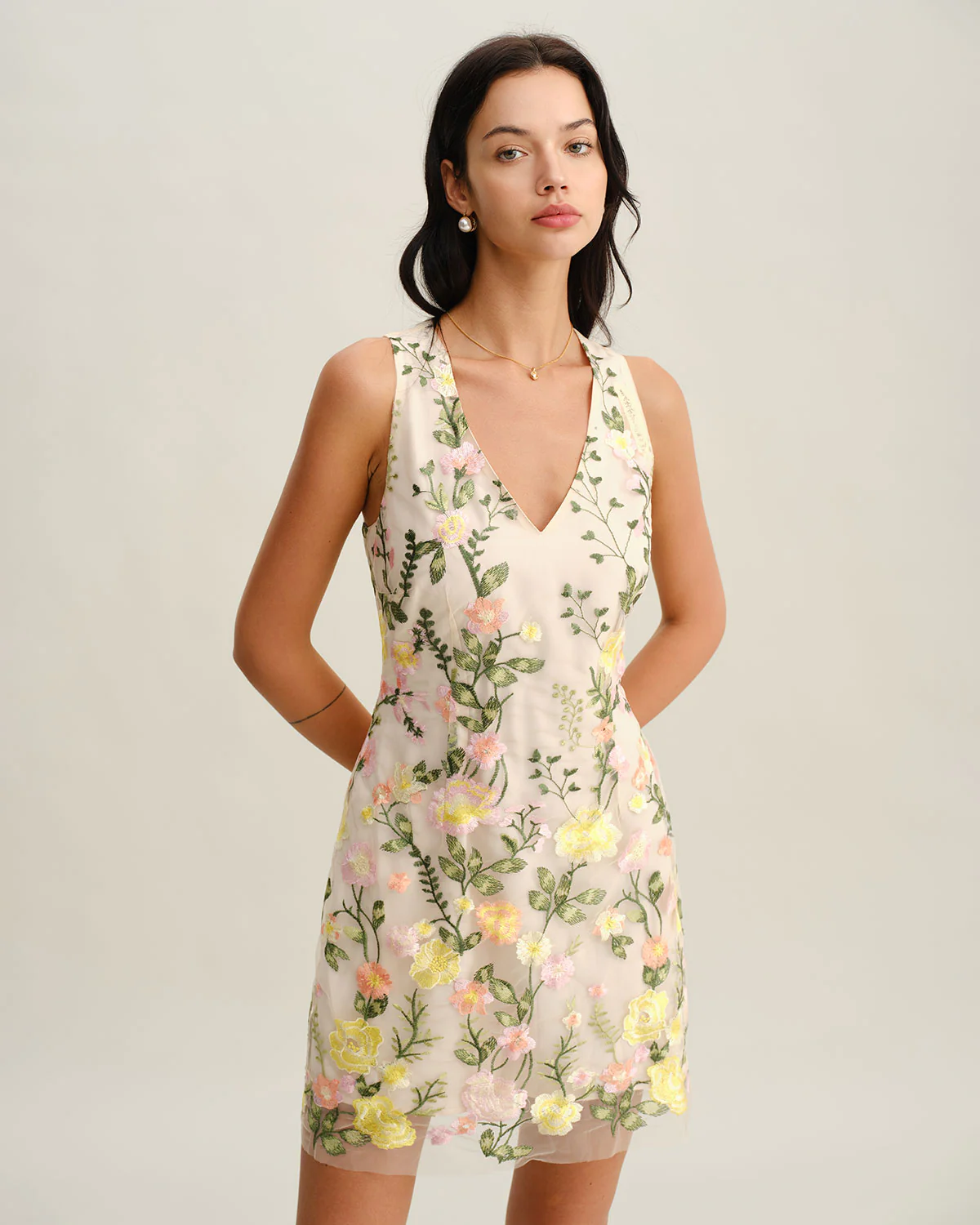 Yellow V Neck Floral Sleeveless Mini Dress - Image 4
