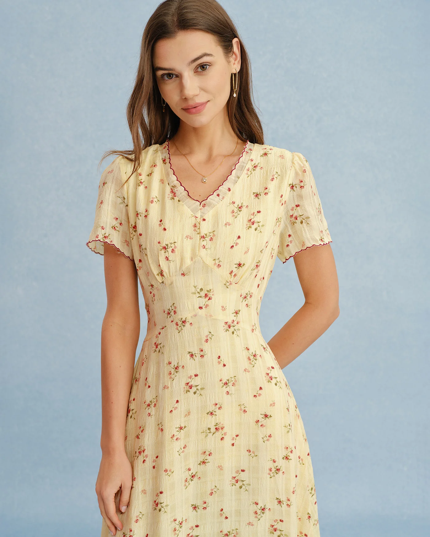 Yellow V Neck Floral Tunic Midi Dress - Image 2