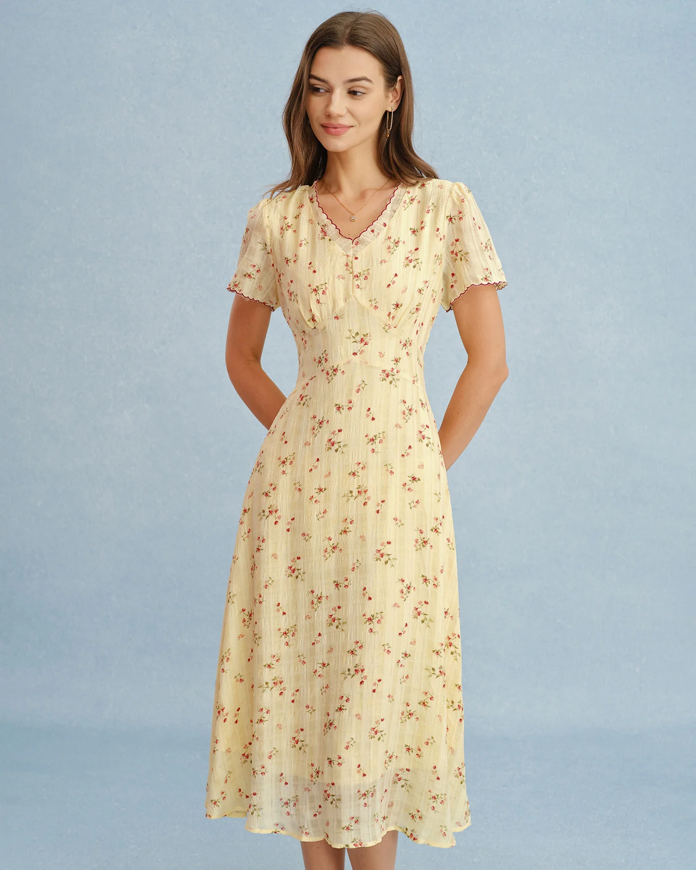 Yellow V Neck Floral Tunic Midi Dress - Image 4
