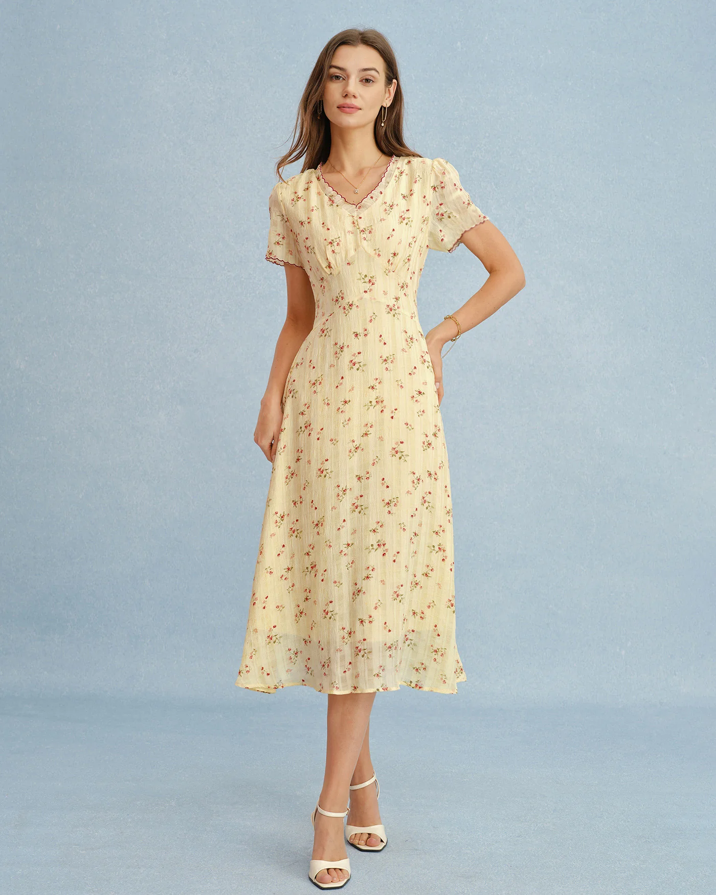 Yellow V Neck Floral Tunic Midi Dress - Image 5