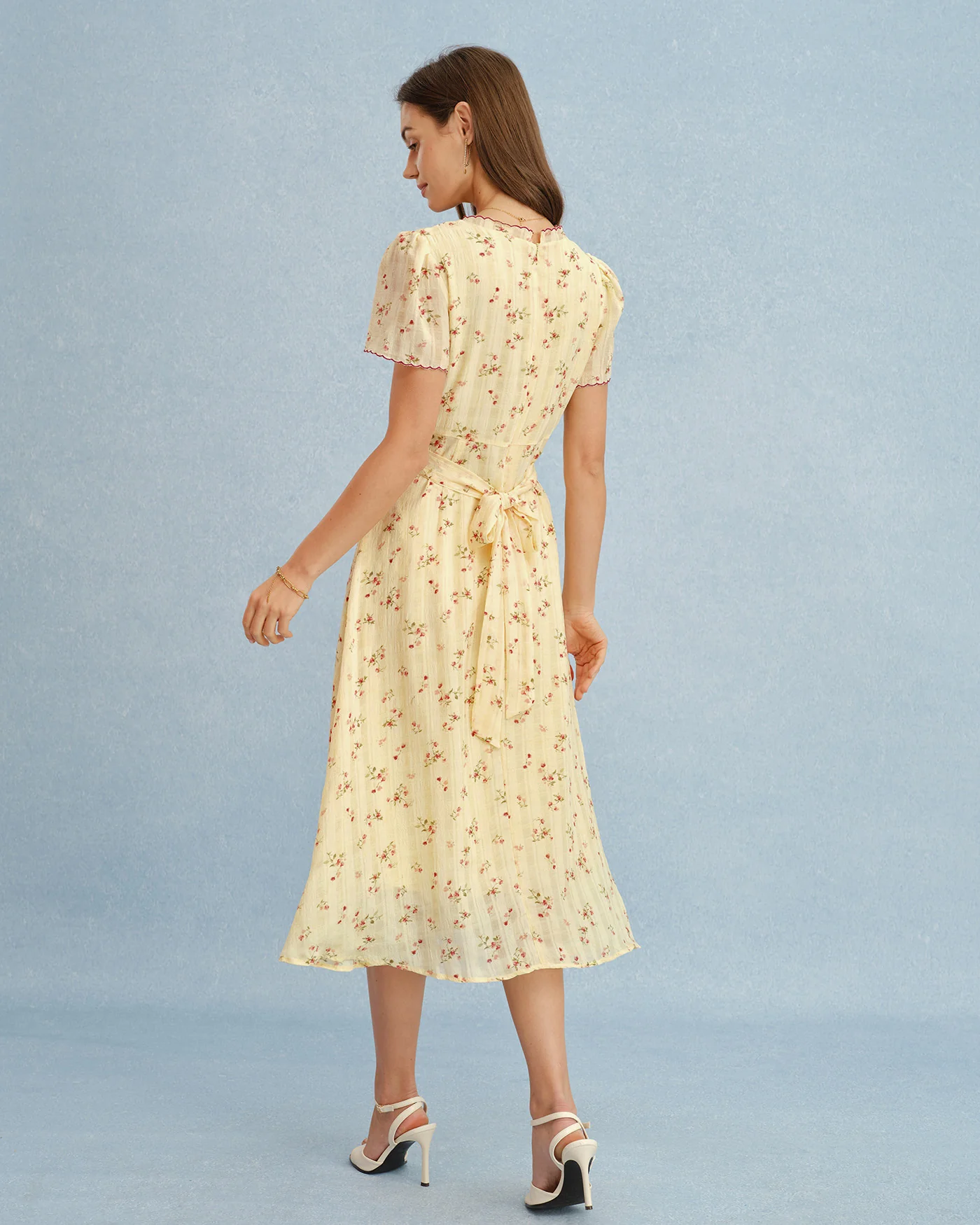 Yellow V Neck Floral Tunic Midi Dress - Image 6